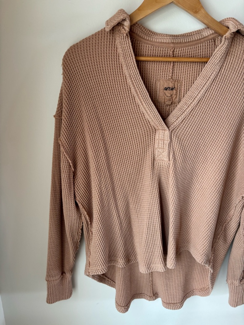 aerie Waffle Knit V-Neck Hoodie in Dusty Rose - Picture 4 of 5
